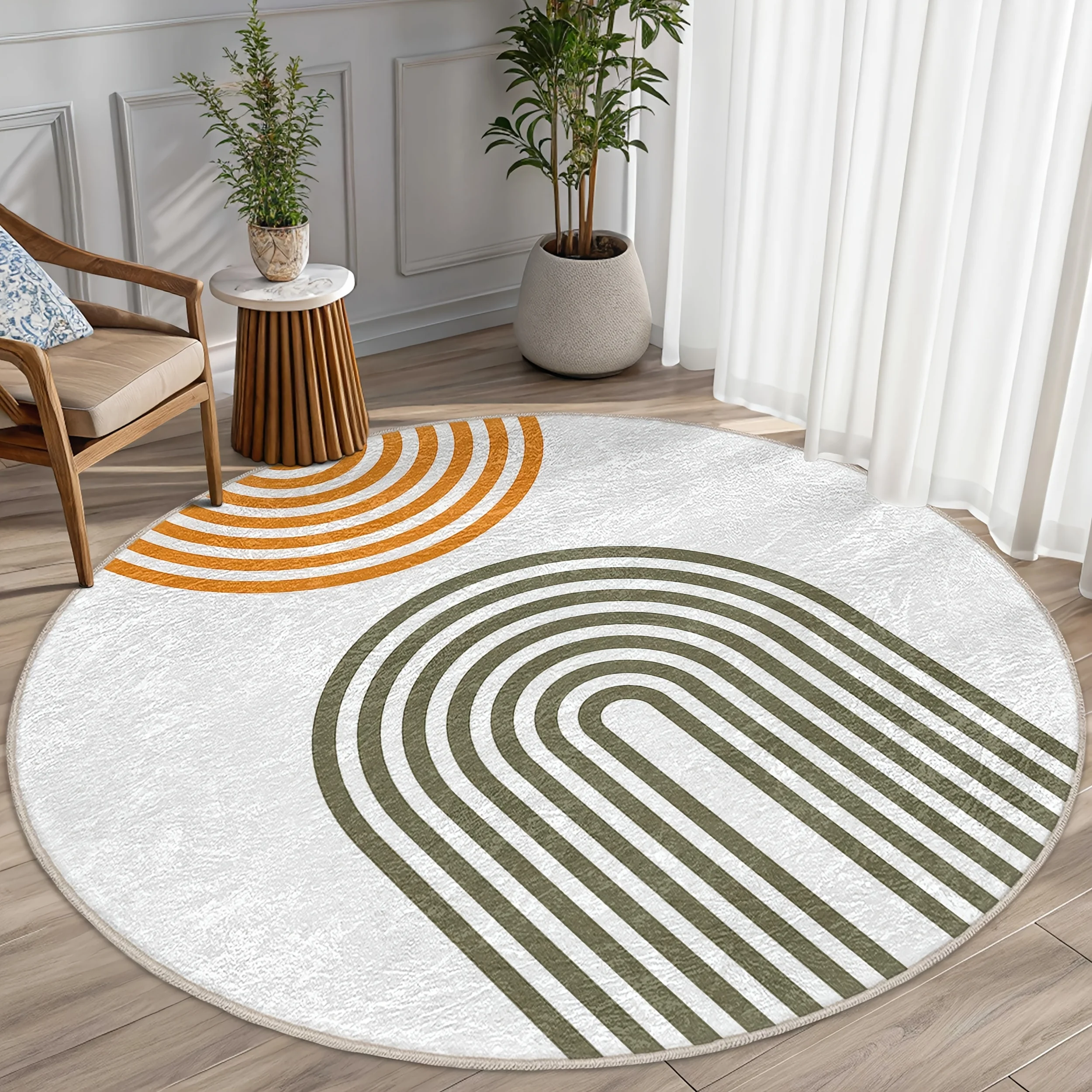 Minimalist Abstract Black Line Round Rug  Modern Simple Contour Line Circular Non Slip Chair Mat for Living Room Bedroom