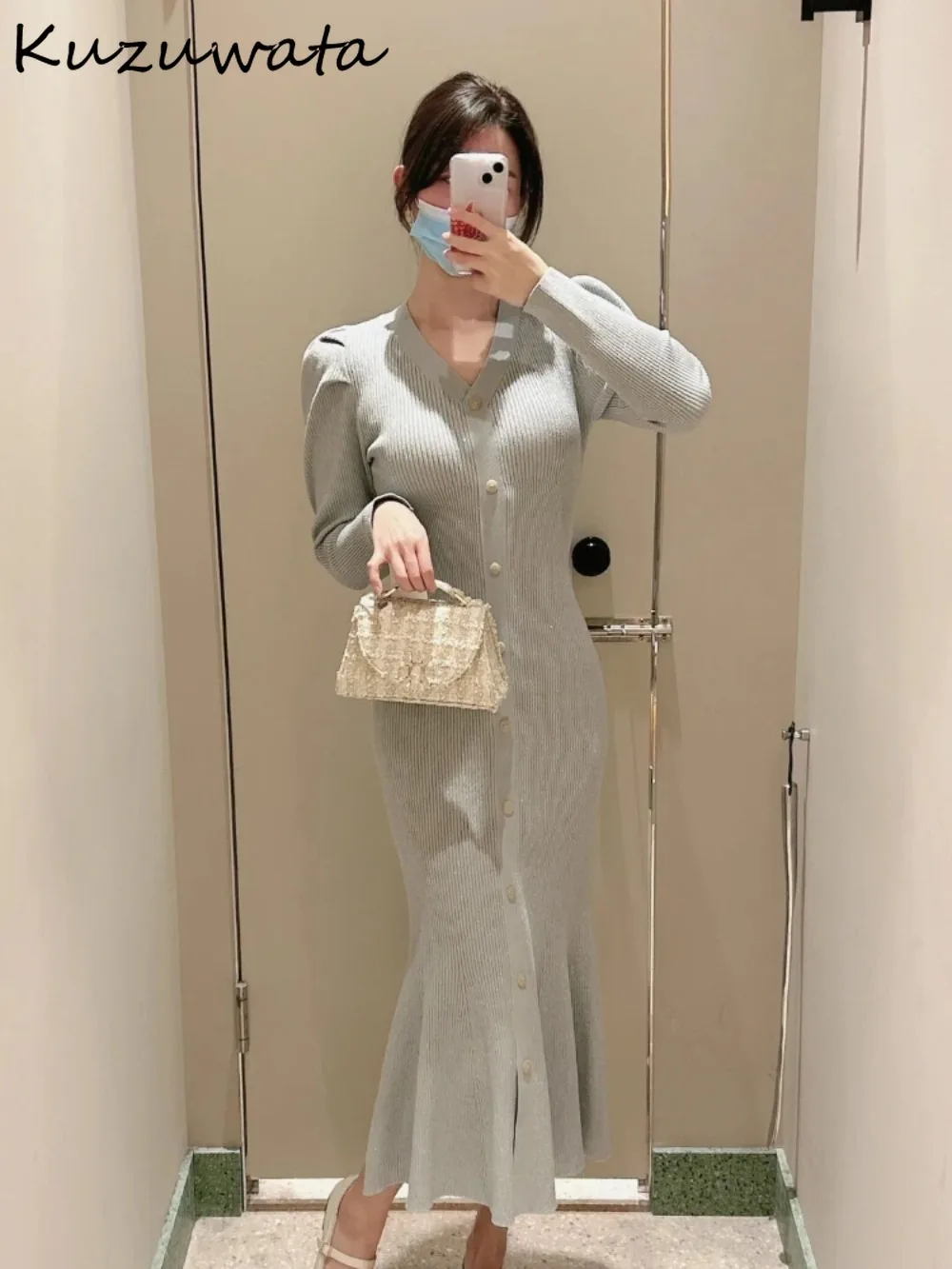 Kuzuwata Elegant V Neck Puff Sleeve High Waist Dress Panelled Slim Fit Single Breasted Vestidos Japan New Moda Knit Mermaid Robe