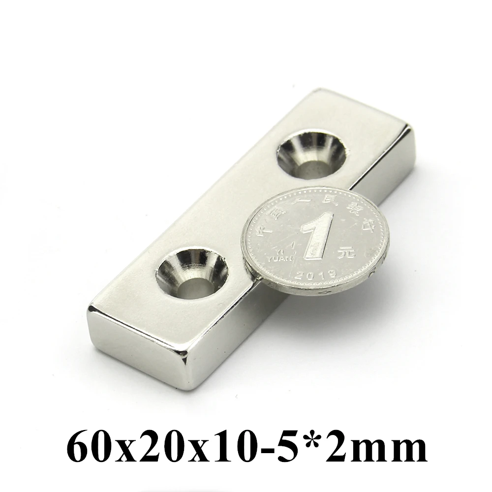 1-5pcs 60x20x10mm double hole:5mm Super Strong Countersunk Block Neodymium Magnet Rare Earth Strong Magnet