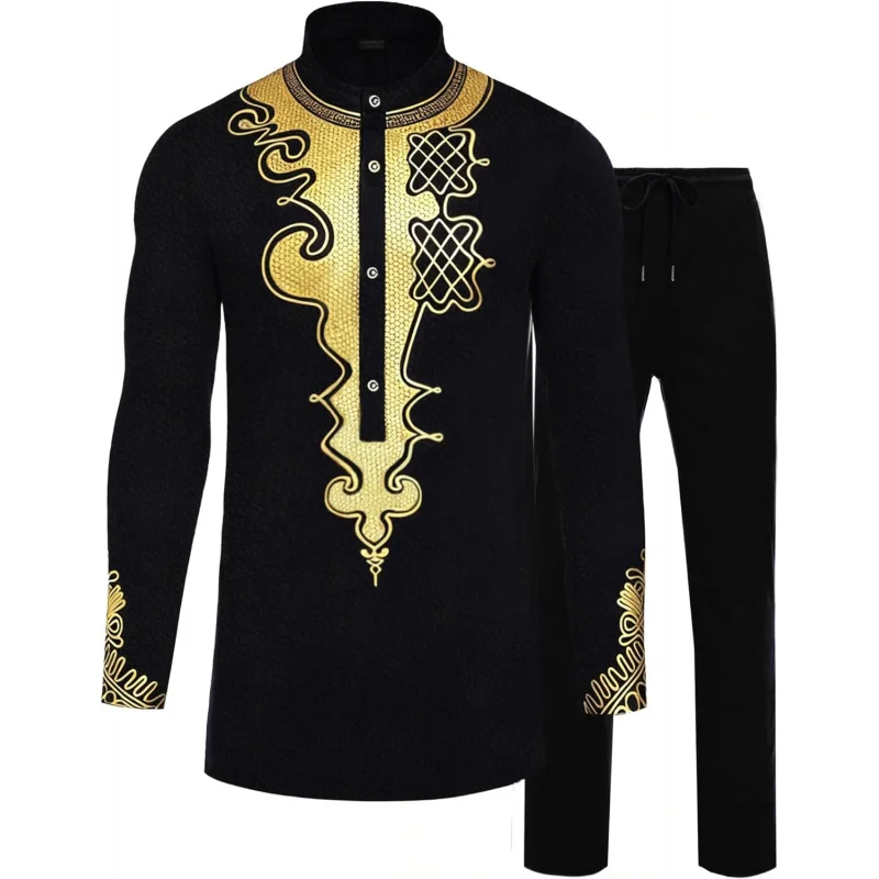 

African Suits for Men Dashiki Metallic Suit Printed Shirt and Pants Outfit Traditional 2 Piece Set