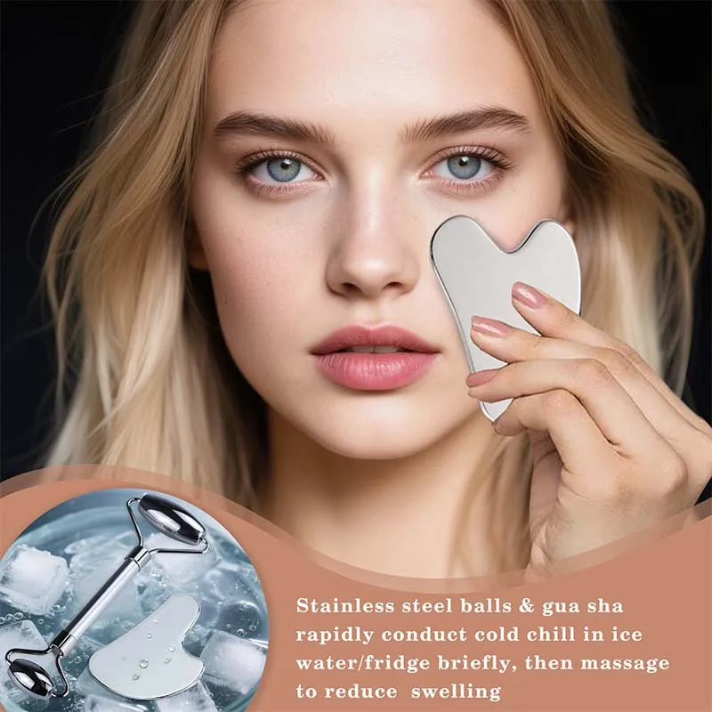 Eiscoller aus Edelstahl, Gua Sha und Gesichtsroller-Set für Gesichtsmassage, Lymphdrainage, Gesichtsformung, inklusive Beutel