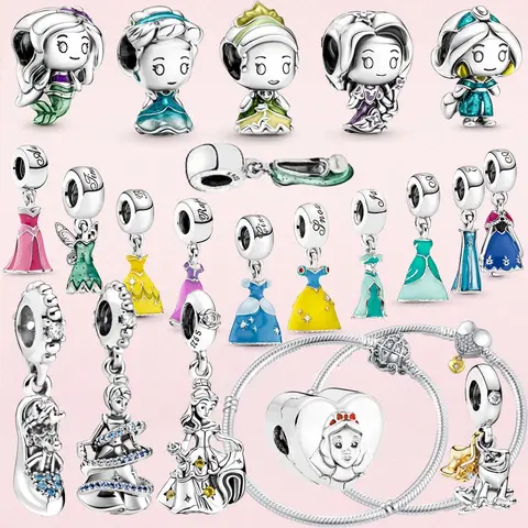 925 Silver Snow White Cinderella Belle Mermaid Anna Princess dress Bead Fits Original Bracelets DIY Jewelry Gifts