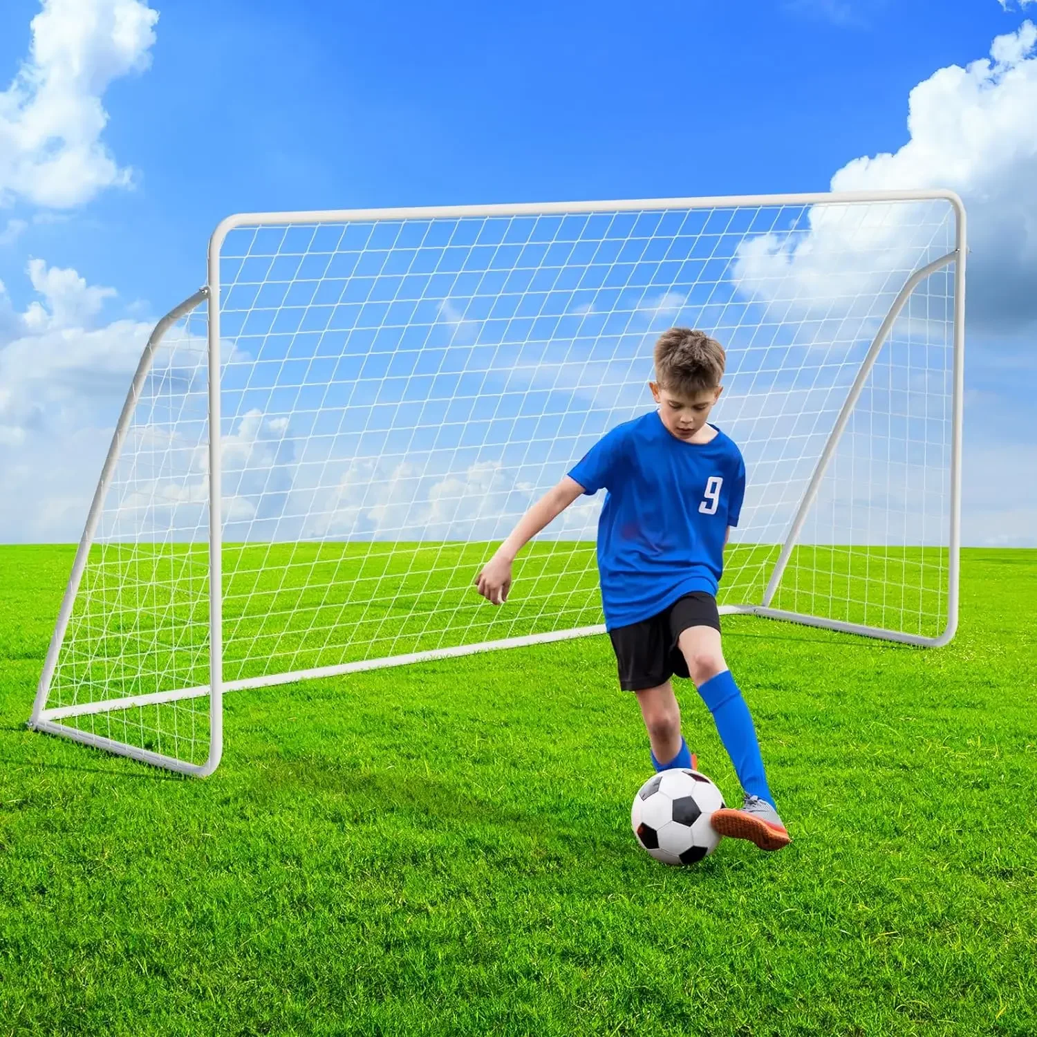 Soccer Goal Set 12x6 FT for Backyard Portable Soccer Goal Ground Stakes for Kids, Adults Weatherproof Metal Frame, Football Net