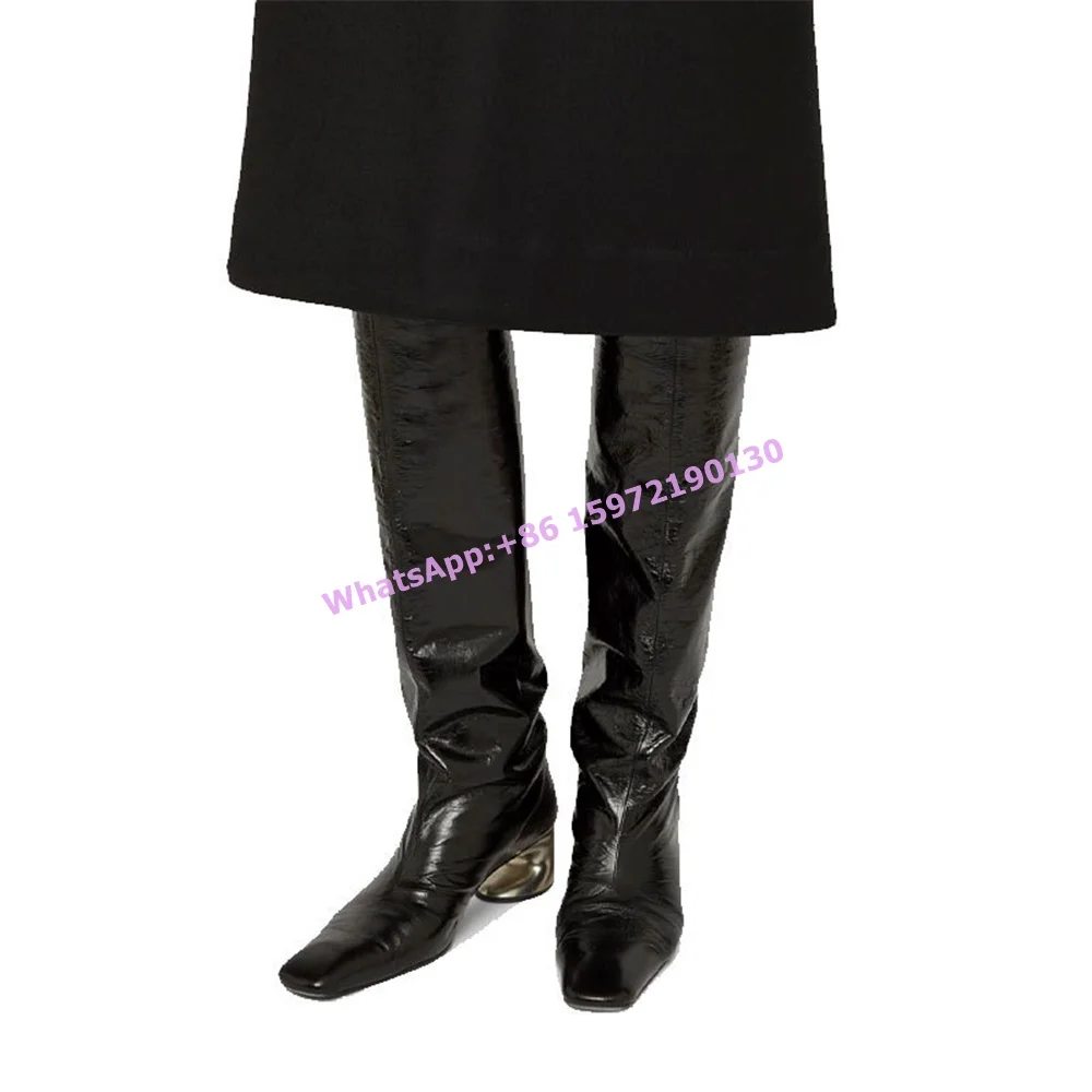 

Strange Style Heels Long Boots Square Toe Slip On Solid Black Concise Large Size Runway Shoes Women's Fashion Leather Shoes