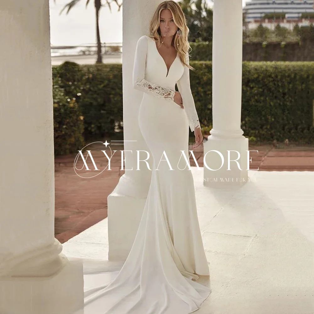 

2025 New Arrival Elegant Wedding Dress V-Neck Long Sleeve Lace Mermaid Sexy Vintage Fashion Bridal Gown for Bride Customized