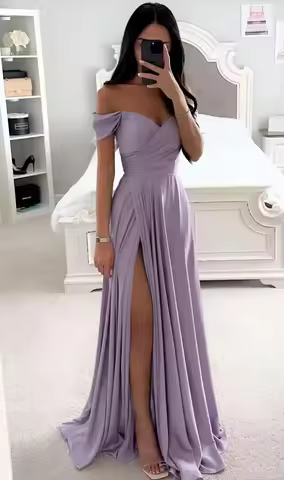 A-line Pleated Satin Bridesmaid Dress for Wedding Women's Off the Shoulder Prom Dress with Slit Long Custom Party Evening Gowns