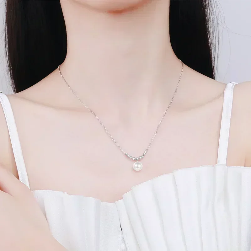 Elegant Design 8mm Natural Freshwater Pearl Pendant PT950 Platinum 0.36ct Moissanite Necklace for Women Party Gift