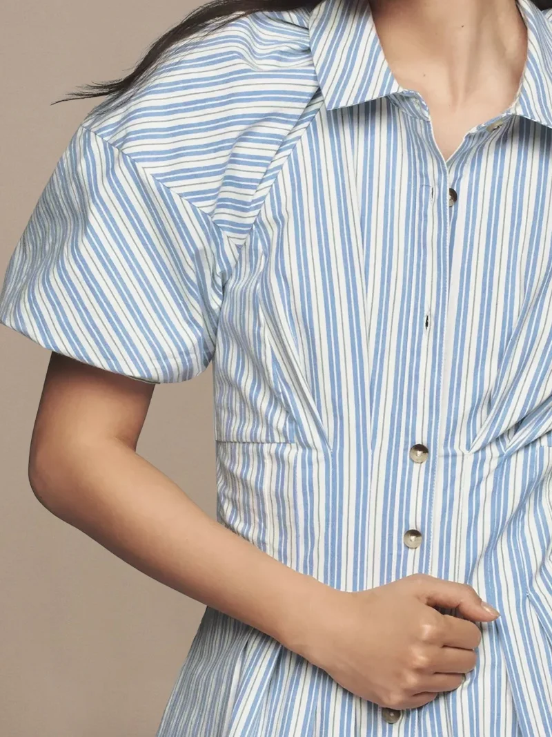 Elegancka sukienka koszulowa w paski, letnia odzież damska, krótki rękaw, zapinana na guziki, mini sukienki, modna sukienka w kształcie litery A, sukienka letnia, Vestido