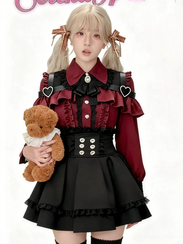 Japanese Kawaii 2 Piece Skirts Sets Autumn Casuall Vintage Style Y2k Crop Tops Blouse + Mini Skirts Vintage Lolita Dress Suits