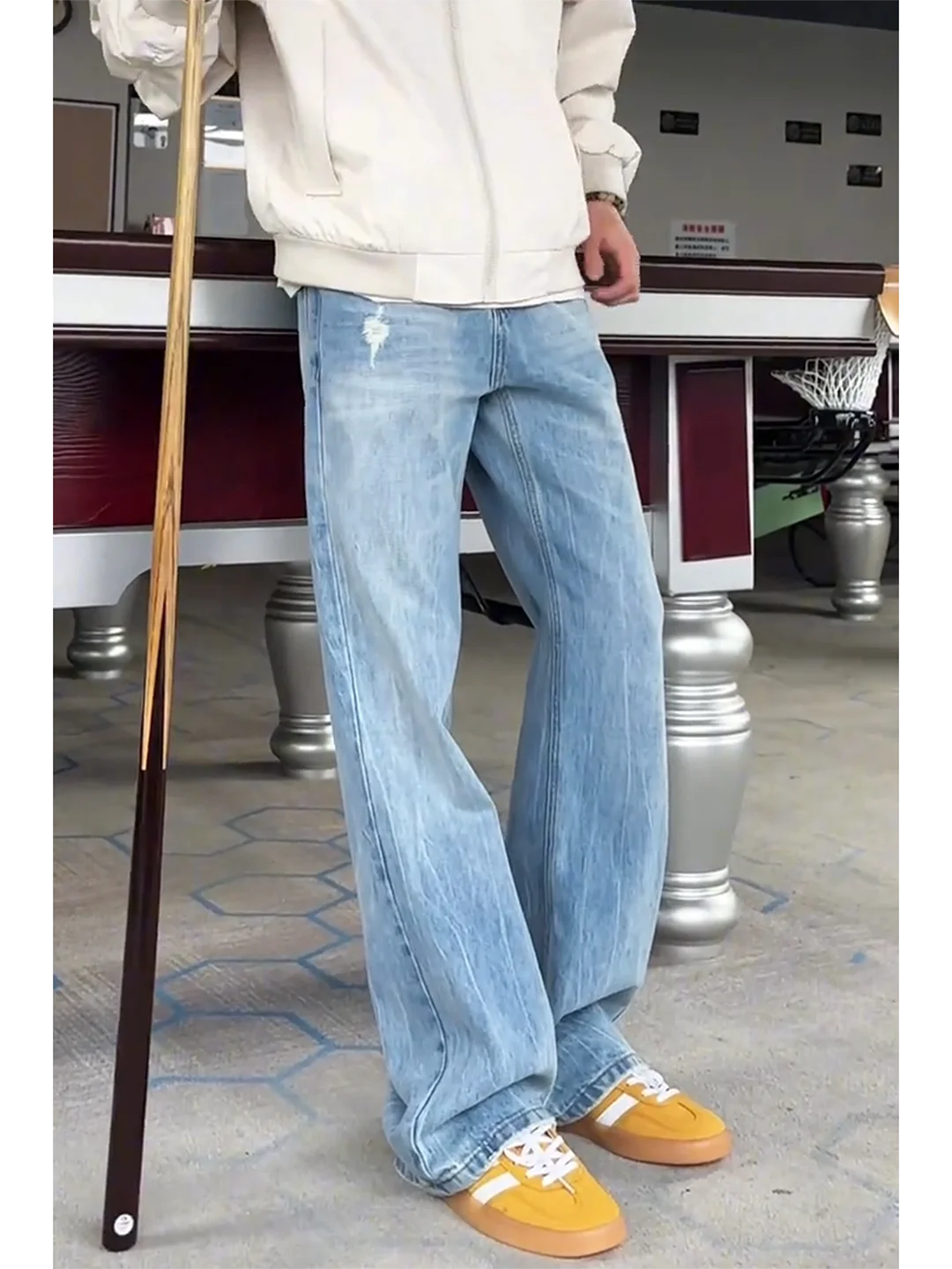 

Light Blue Waed Denim Jeans Men's Spring Autumn Knife Tear Hole Straight Leg High Street Micro Flare Jeans