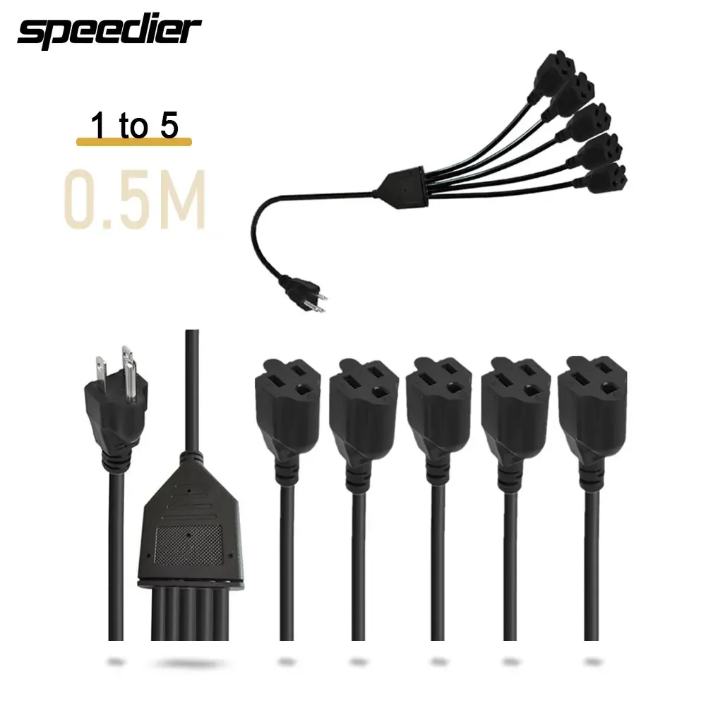 

5 Way Power Cord Splitter 3 Prong 1 To 5 Outlet Power Cable Strip-Outlet Saver Male To Female Power Extension Cable 0.5m 50cm