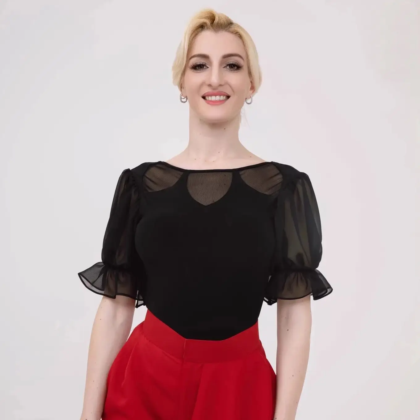 Top de manga curta de malha para dança de valsa, trajes de dança latina modernos, rumba, tango, roupas de dança de salão, roupa de prática dn21966