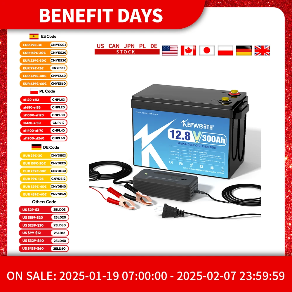 KEPWORTH 12V 300Ah LiFePO4 Battery, Built-in 200A BMS 3840Wh Energy Deep Cycles, Perfect for Off-Grid, Motorhome, Solar System