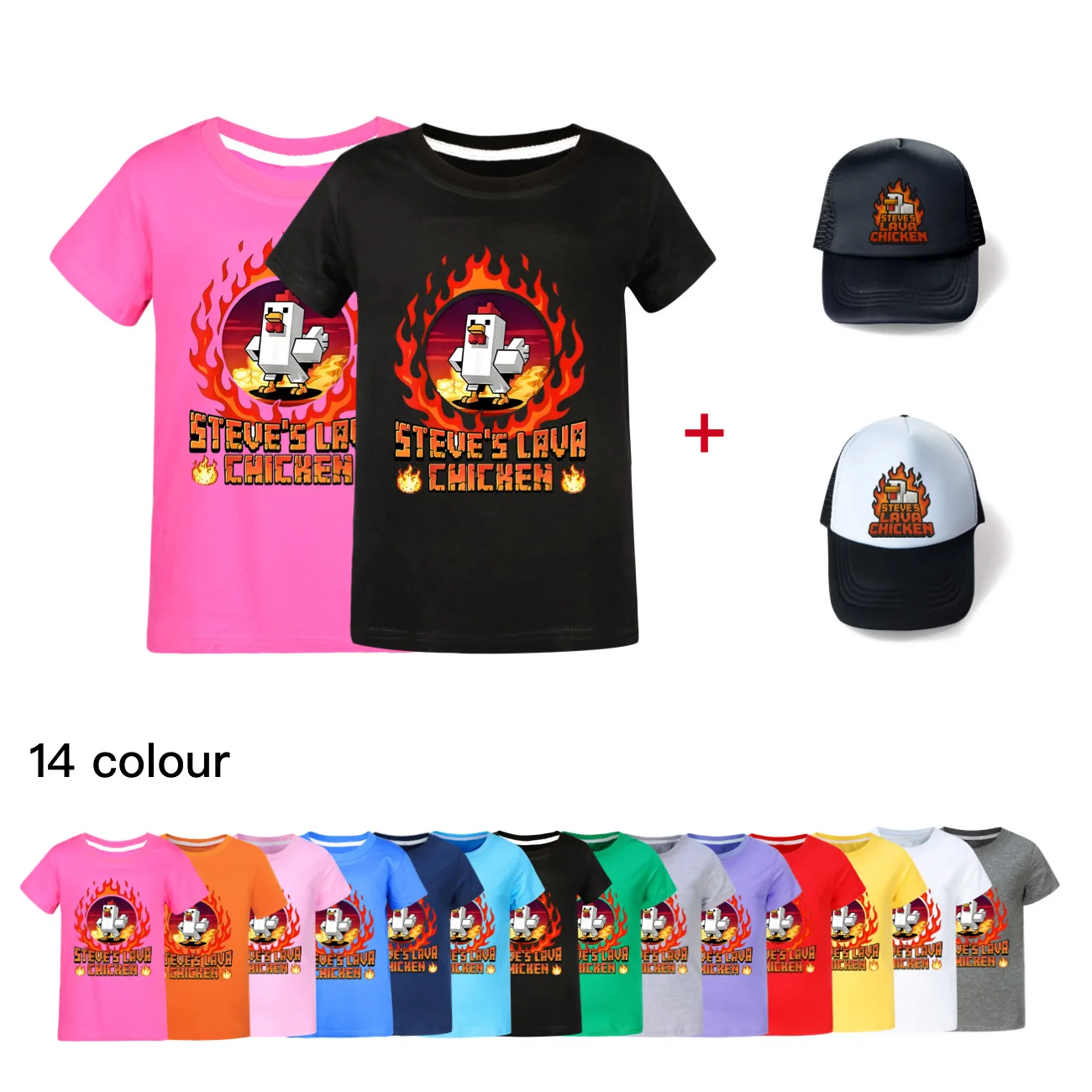 New  T Shirt Children Kawaii Steves Lava Chicken T-shirt For Boys Girls Kids Clothing Unisex Short Sleeves+sun hat4513