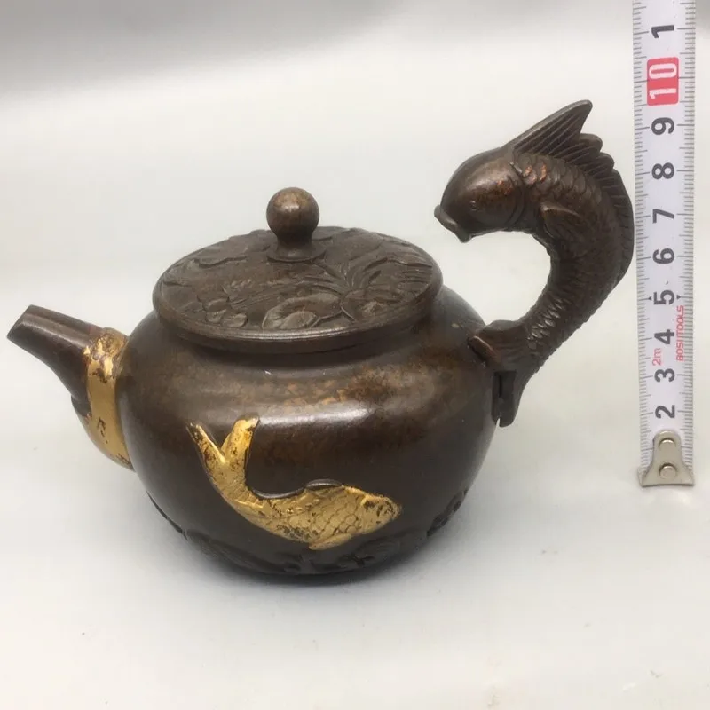 Bronze Gilt Fish Handle Teapot, a Decorative Piece Symbolizing Abundance After Year, Antique Craft