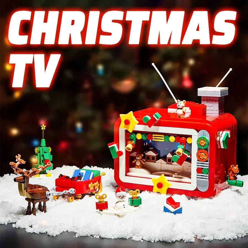 

Christmas Tree TV Model Building Blocks MOC Xmas Snow Man Santa Claus Sled Assembly Decoration Bricks Toys For kids Holiday Gift