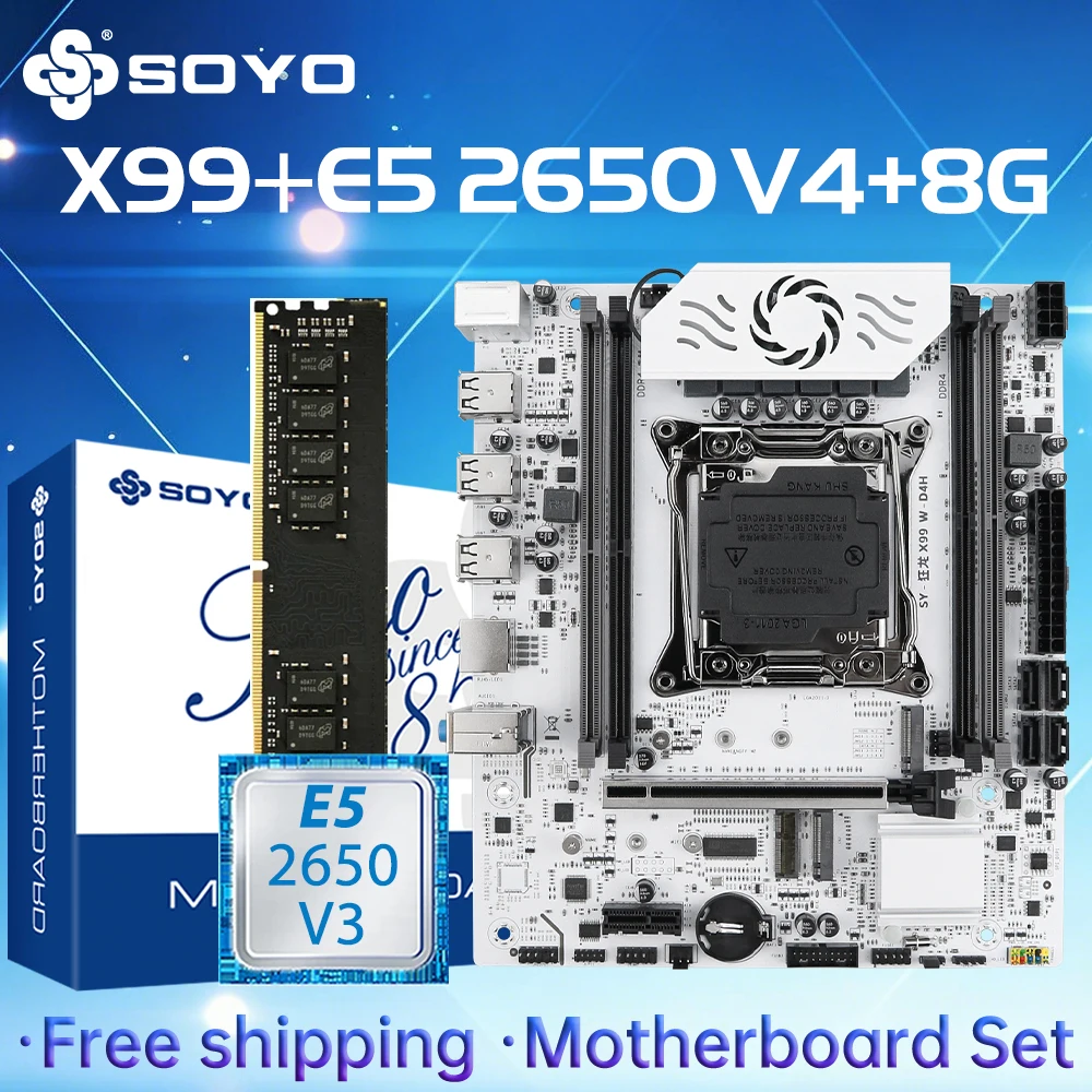 

Gaming Motherboard Set SOYO X99 with Intel Xeon E5 2650 V4 CPU& DDR4 ECC 8G*1 2133MHz RAM M.2 NVME for Desktop PC
