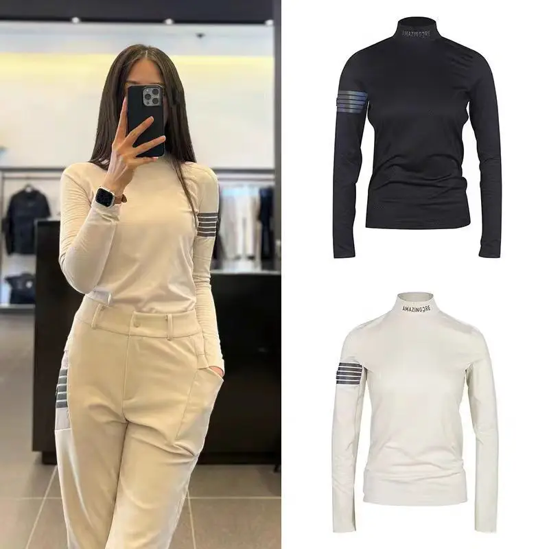 

Fall Collection Golf Ladies' Solid-Color Striped Minimalist Stand-Up Collar Long-Sleeve T-Shirt
