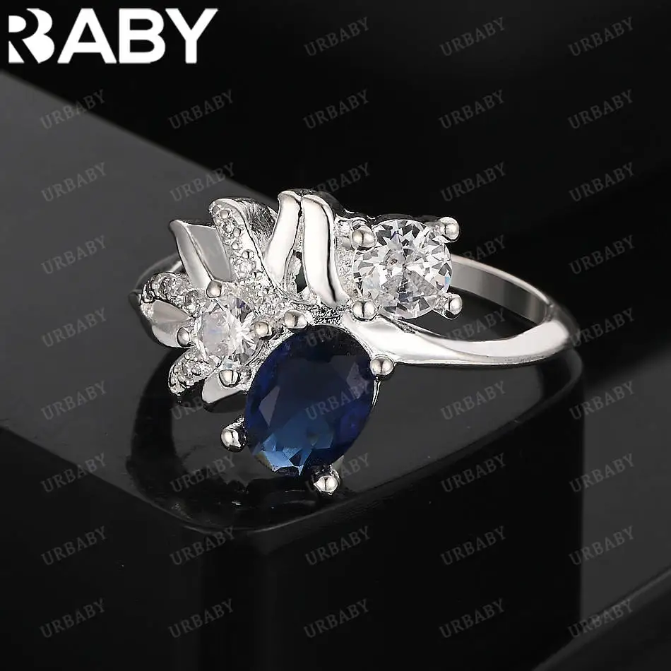 

URBABY 925 Sterling Silver Blue Zircon Luxury Wedding Ring For Women Grace Jewelry Trend Fashionable Birthday Party Gifts