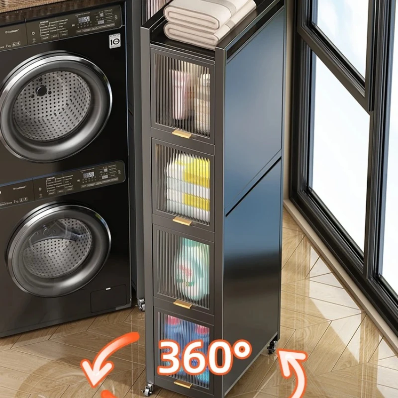 

Carbon Steel Washing Machine Shelf, Narrow Side Pull-Out Cabinet with Casters for Balcony Gaps, Slim Laundry Organizer