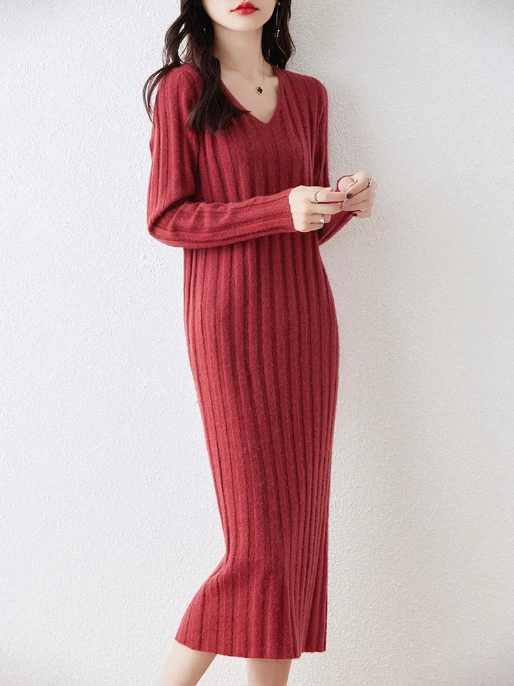 

New Women Pure Wool Sweater Dresses Long Sleeve Purllover 100% Merino Wool V-neck Knitwear Spring Autumn Grace Striped Dresses