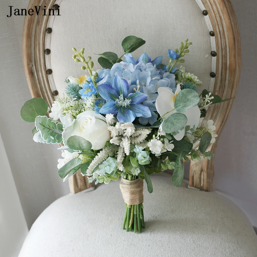 

JaneVini Blue Hydrangea White Butterfly Orchid Bridal Bouquets Artificial Wedding Flowers for Bride Accessories Hochzeit Zubehor