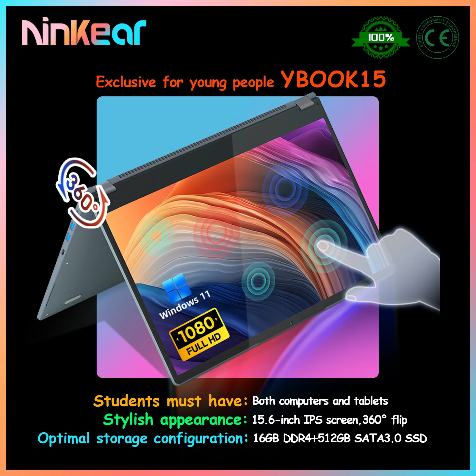 Ninkear 2 in 1 Laptop YBOOK 15 The best Christmas gift AMD Ryzen 3 3200U 16GB DDR4 + 512GB SSD 15.6inch 360 Degree Flip