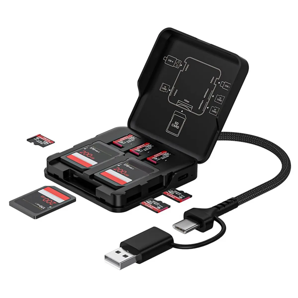 DT75BG 2 in 1 Multifunctional Memory Card Case Reader Storage Box with USB/Type-C Cable USB3.0 HighSpeed for SD/TF Card