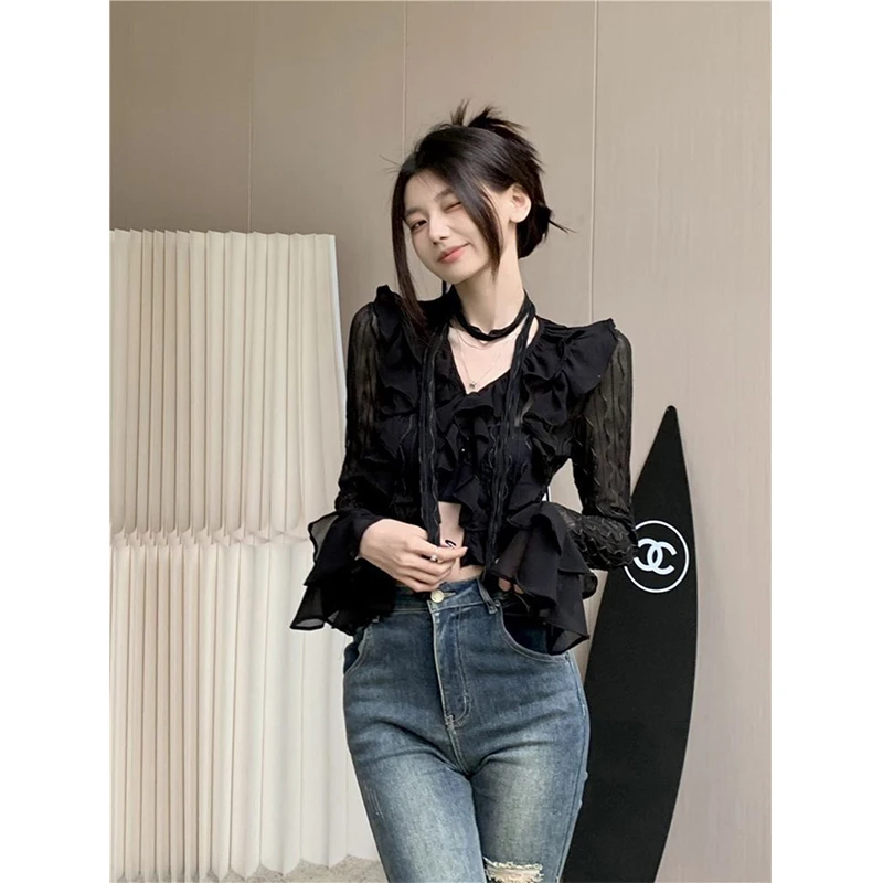 Y2K Cropped Lace Shirts Women Sexy Black V Neck Mesh Sheer Blouses Summer Gothic Vintage Irregular Long Sleeve Cardigan Tops New