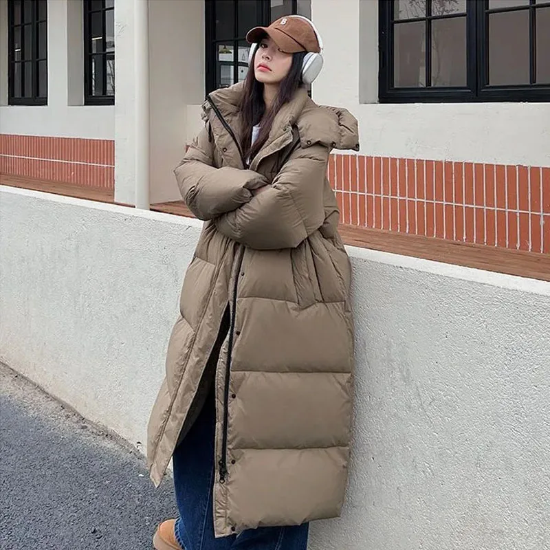 2023 Winter New 85% White Duck Down Jacket Hooded Loose Women\'s Coat Casual X-Long Over Knee Thicken Female Down Coat