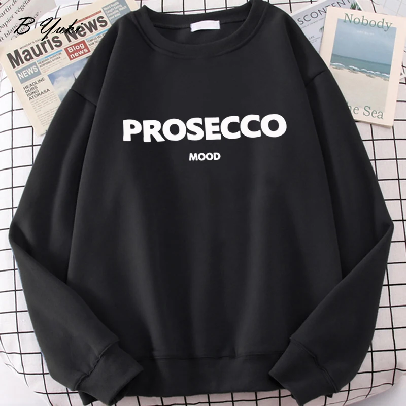 Blessyuki Prosecco Letter Print Cotton Hoodies Women Autumn Casual Vintage Oversized O-neck Basic Pullover Female Harajuku tops