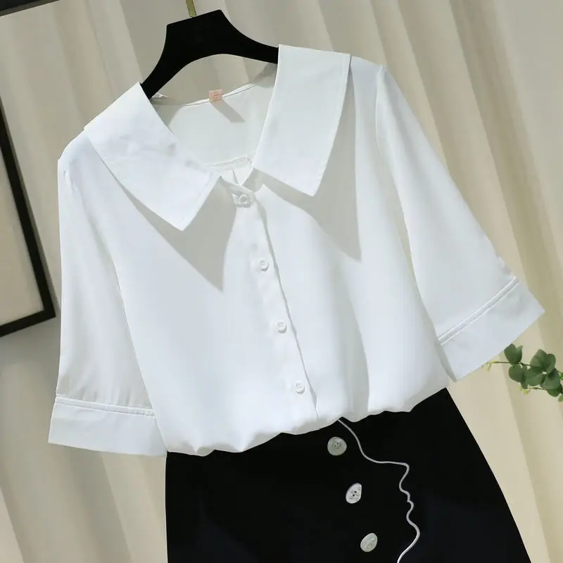 Elegant Chiffon Loose Shirt Tops Summer New Button Short Sleeve Polo Neck Solid Color Loose Blouse Casual Office Women Clothing