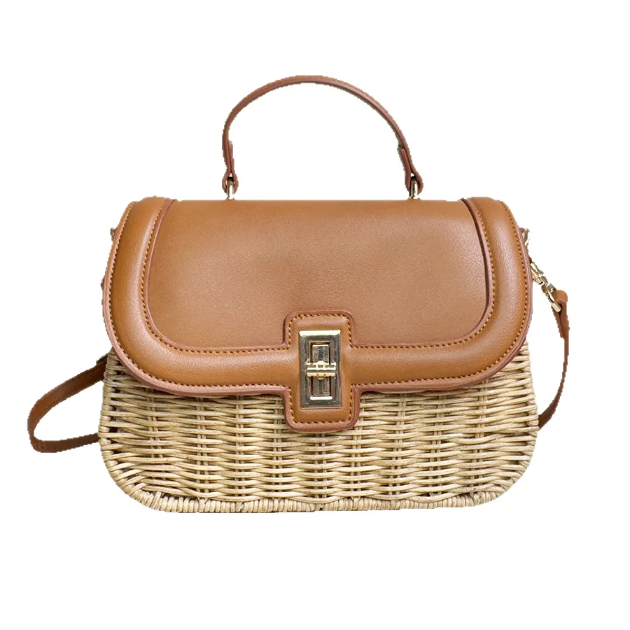 

New Summer Handmade Woven Rattan Beach Bag Women's PU Leather Shoulder Bags Flap Handbag Fashion Square Lock Catch Crossbody Bag