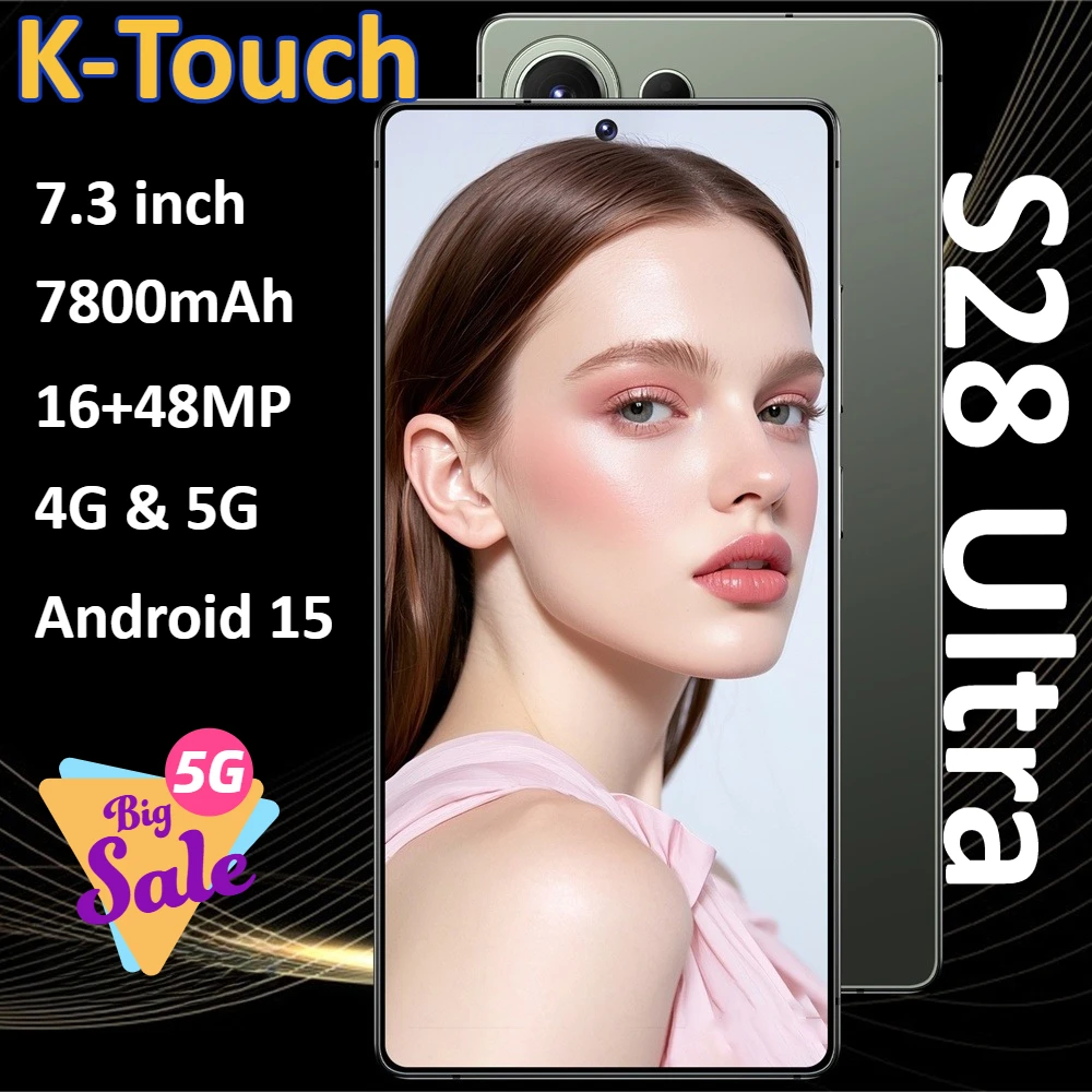K-Touch Mobiltelefone für S28 Ultra Android 15 Smartphone 5G Dual-SIM Dual-Standby Smartphone 7,3 Zoll Full-Touch-Handy 16+48MP Kamera 22GB+2TB 7800mAh Akku Werkseitig entsperrte Handys mit