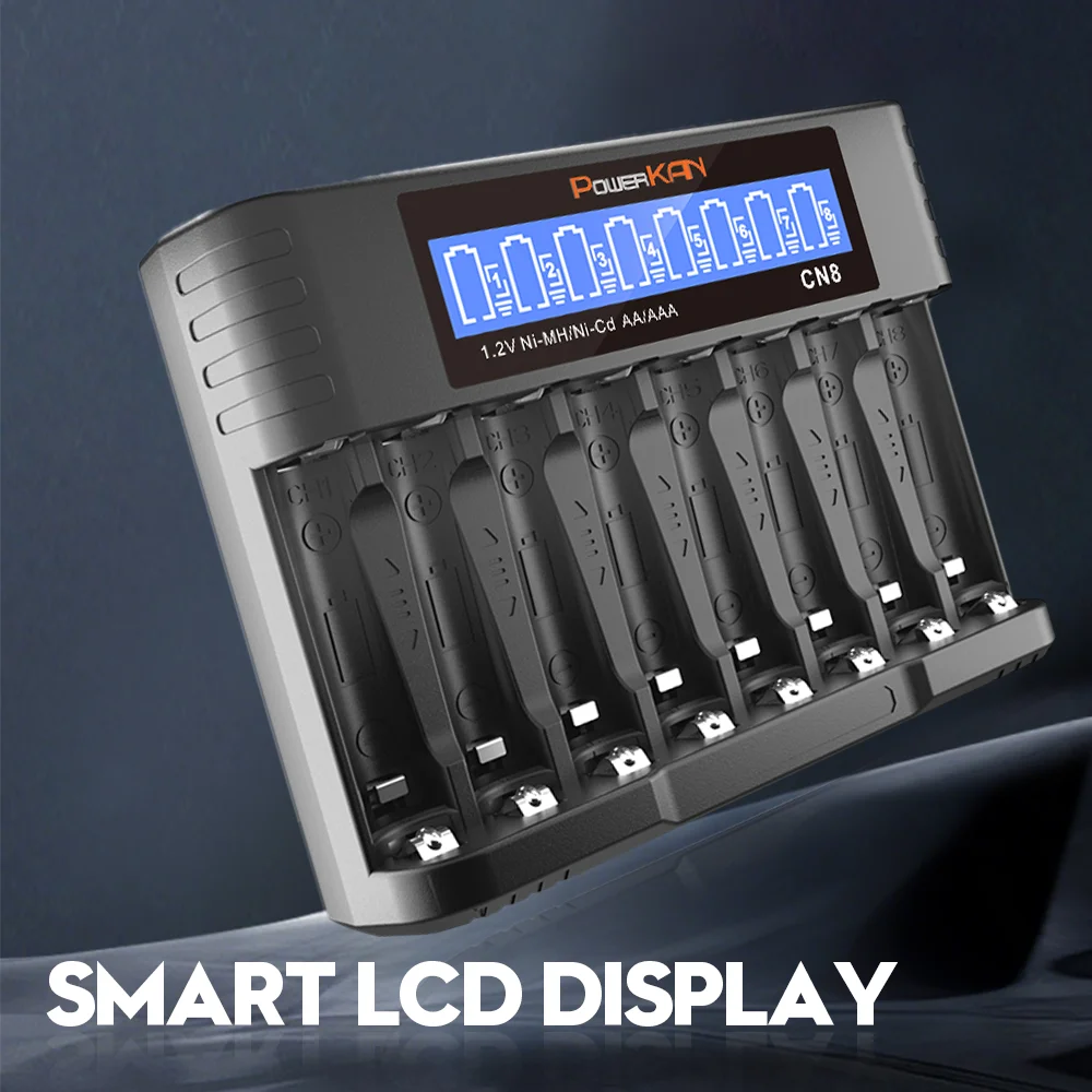 POWERKAN 8-Bay Independent AA/AAA Ni-MH Battery Charger, LCD Display, USB-C Charging (Batteries Not Included)