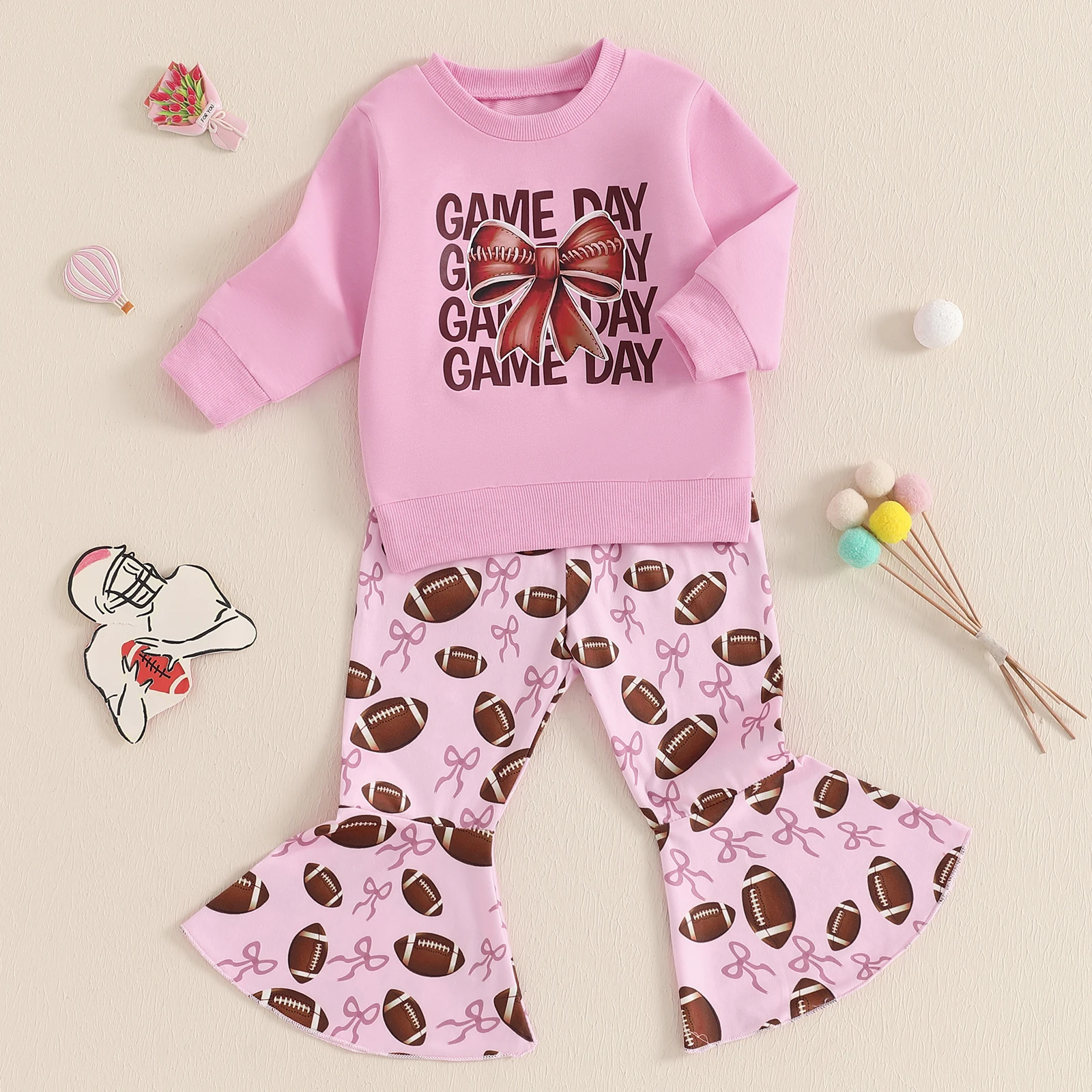 BeQeuewll Spring New Girls Two Pieces Outfit Fashion Casual Bow Letter Print Long Sleeve Sweatshirt with Flare Pants Toddler Set