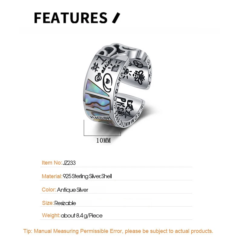 F.I.N.S S925 Sterling Silver Graffiti Flower Opening Ring Retro Old Abalone Shell Geometric Punk Rock Fashion Fine Jewelry Gifts