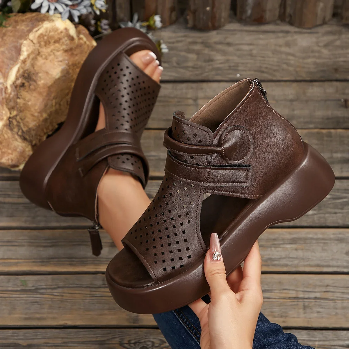 

Женские сандалии в стиле ретро, модные кожаные новые женские ботинки, дышащие сандалии на танкетке, дизайнерская обувь на платформе, женские Sandalias De Mujer