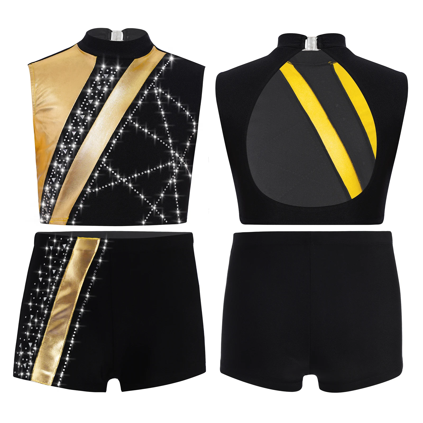Ragazze adolescenti Pattinaggio di figura Ginnastica Vestito Balletto Danza Performance Costume Senza maniche Ritaglio Indietro Strass Crop Top + Pantaloncini