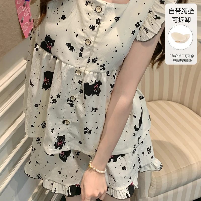 

Women's summer pajamas set clothes shorts two-piece set sweet with breast pad new homewear cute and loose