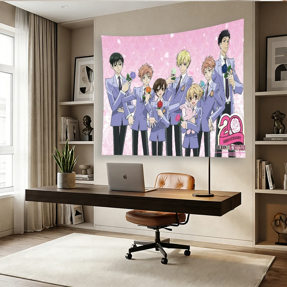 Ouran High School Host Club Anime Tapestry, Retro Pink Rose & Star Design, High-Quality Polyester Wall Hanging for Living Room