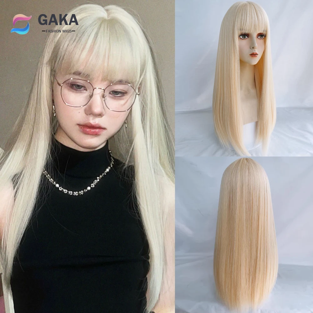 

GAKA White Blonde Long Straight Wigs with Bangs Synthetic Natural Lolita Cosplay Women Wig for Daily Party