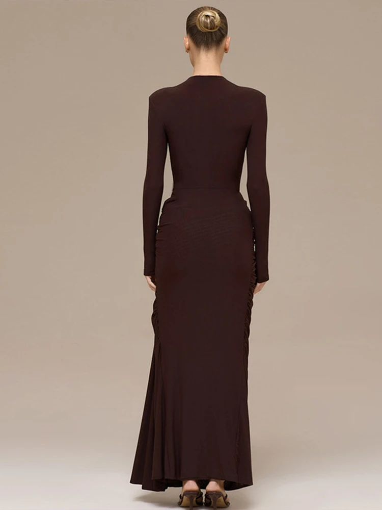 Weird Puss Elegant Ruched Dress Women Autumn Metal Trim o-Neck High Elasticity Trend Vacation Skinny Prom Party Chic Vestidos