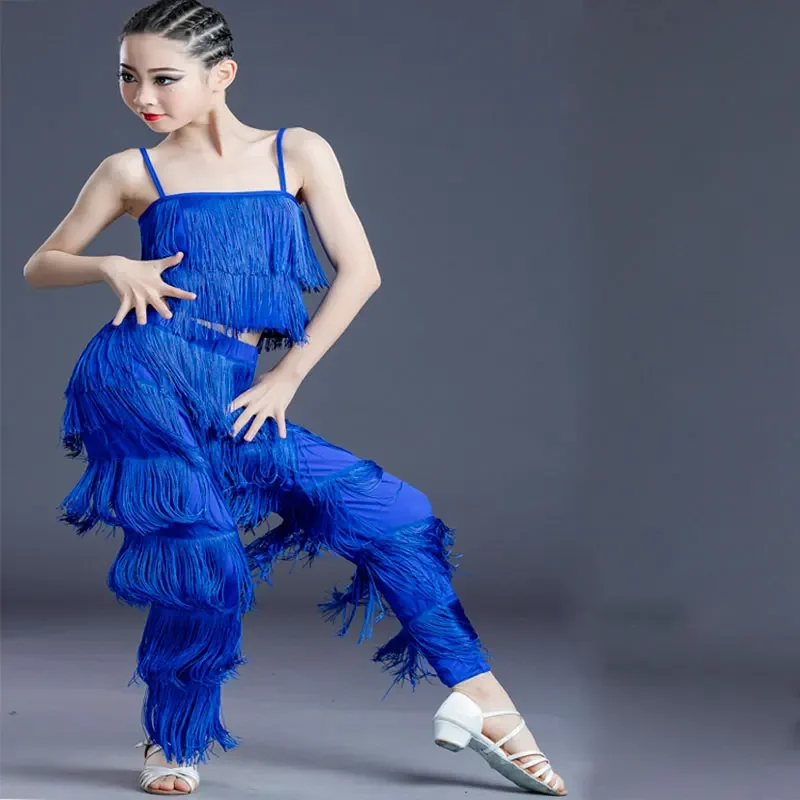 Meisje Latin Dans Jurk Voor Meisjes Kinderen Ballroom Kwastje Fringe Jurk Tops Broek Salsa Samba Kostuum Kinderen Dans Broekpak Blauw