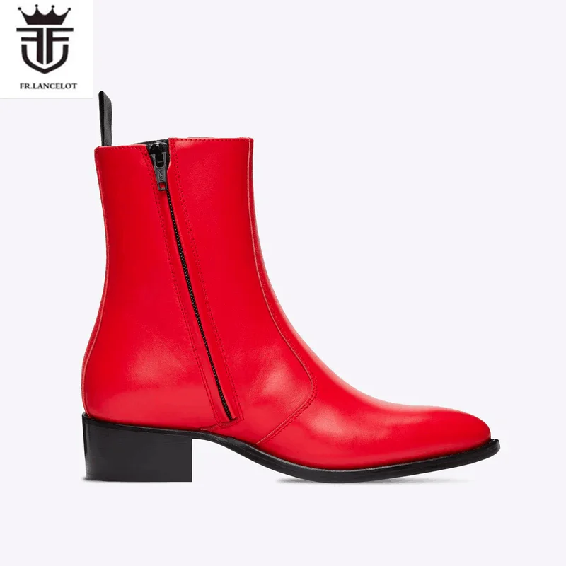 FR.LANCELOT 2024 Red Real Leather Chelsea Boots British Style Men leather Boots Party men\'s booties Side Metal Zip knight shoes