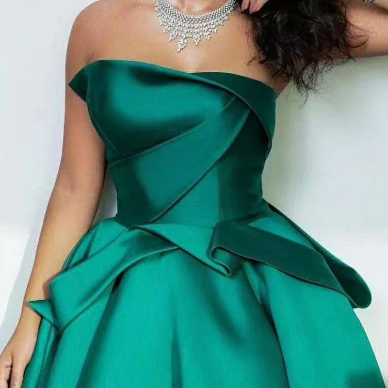 Customized High End Elegant Fashion Pleated Strapless Formal Dresses Simple French Slim Waist A-line Women Prom Gown Solid Tempe