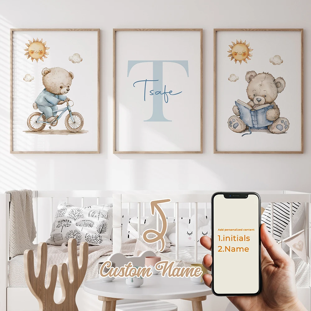 3-teiliges personalisiertes Wandbild mit Cartoon-Bär in Blau, Leinwanddruck, Poster, Gemälde für Wohnzimmer, Kinderzimmer, Heimdekoration