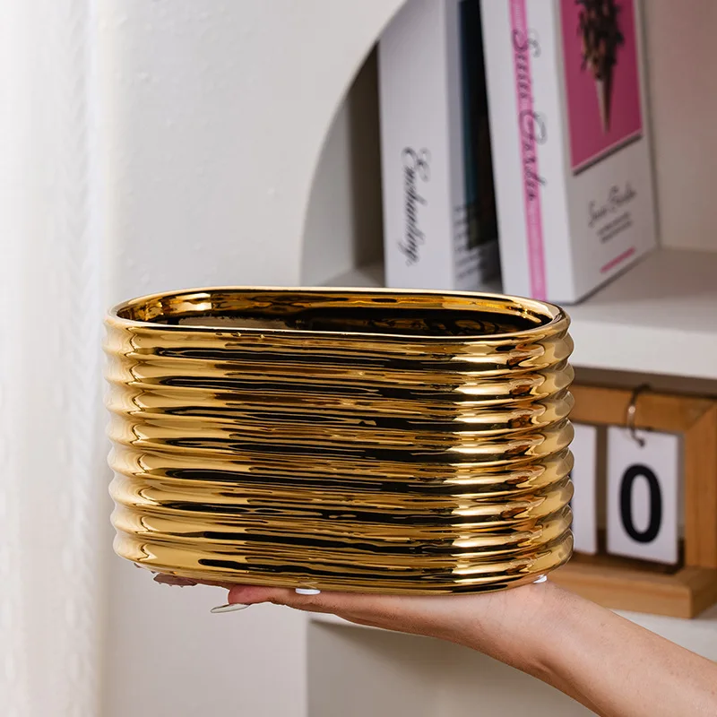 Home Rectangular Striped Ceramic Flowerpot Simple Oval Ceramic Plant Fleshy Pot Indoor Flower Arrangement Planting Accessories