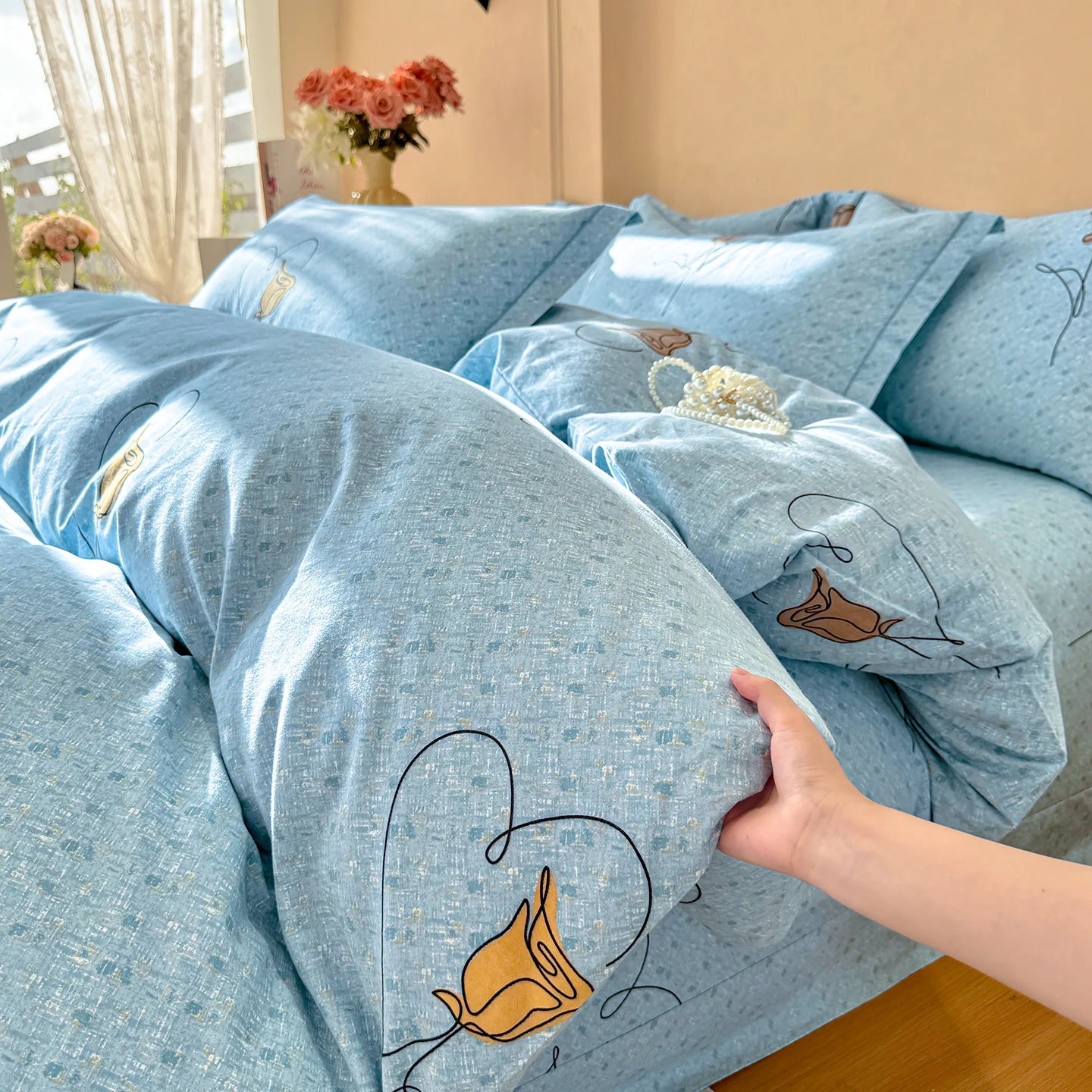 100% Cotton Bedding Set Brushed Flowers Rose Love Duvet Cover Lovely Dog Sheet Set Red Blue Sheet King Queen for Bedroom Decor