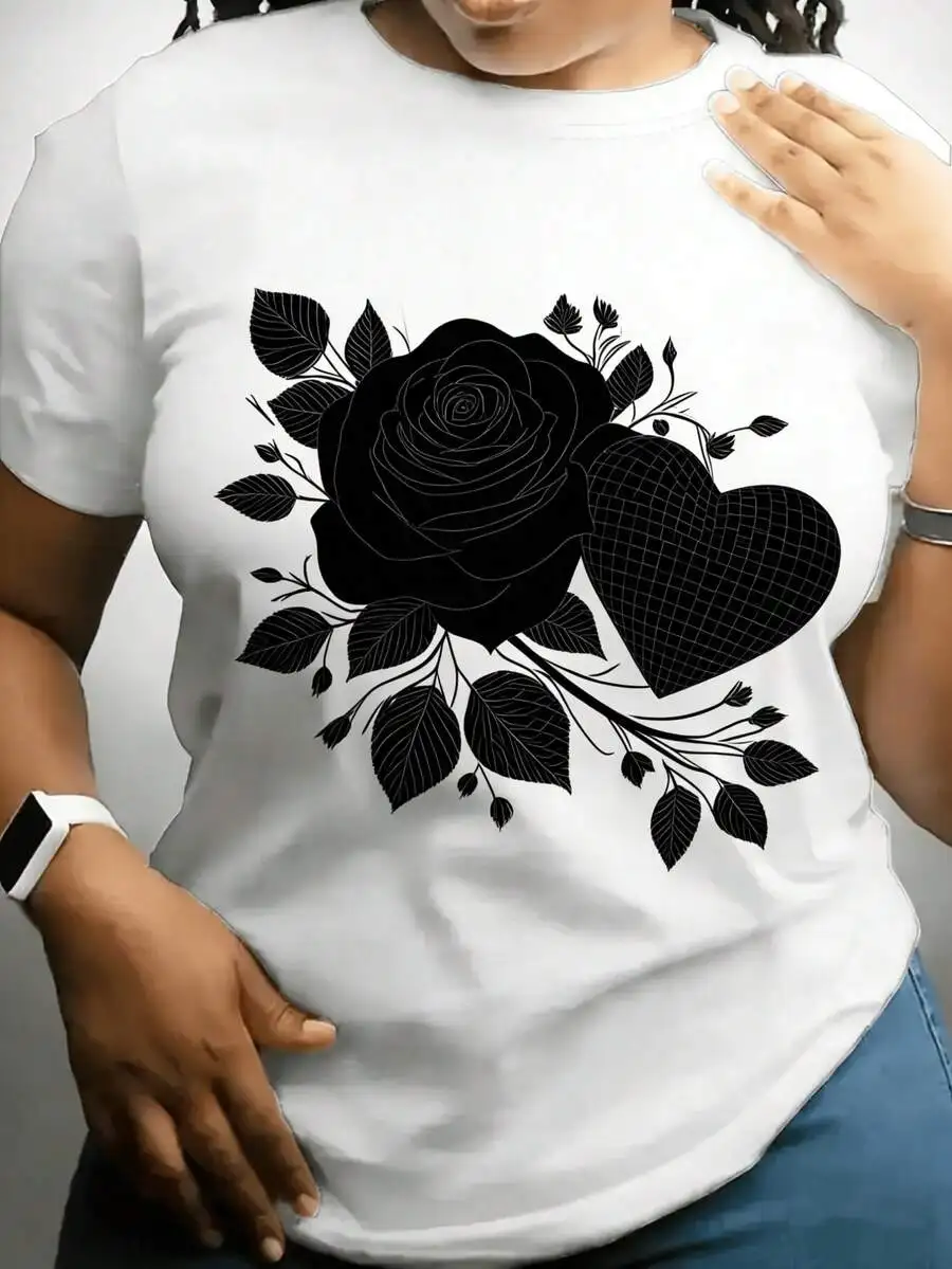 Romantic Casual Gift Graphic Tee Exquisite Rose Floral Heart Pattern Crew Neck Short Sleeve Casual Tops